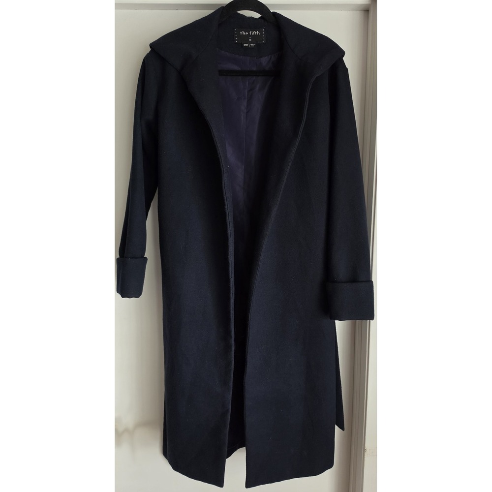 The Fifth Open Coat Women XS Navy Solid Collared Long Sleeve Jacket Overcoat